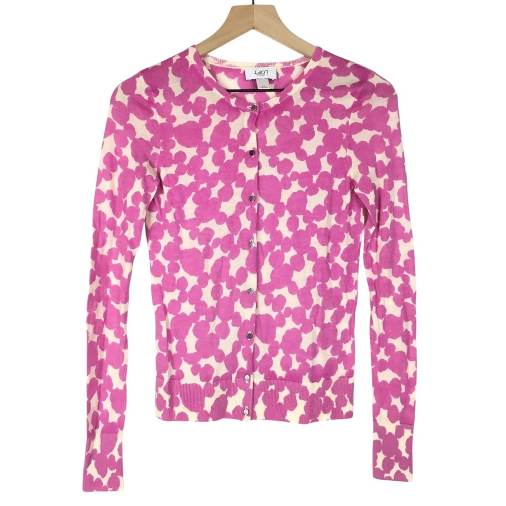 LOFT Cardigan Merino Wool Dot Sweater Pink Cream Button Front Barbiecore Size XS
